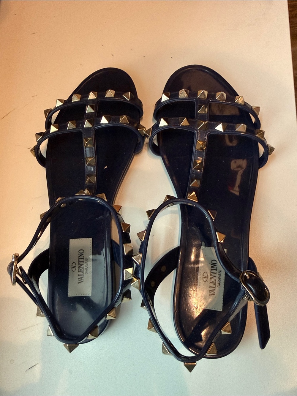 Valentino navy Studded T-Strap Flat Sandals